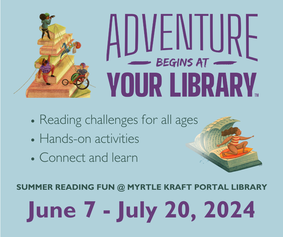 Blue graphic promoting 2024 Adventure Begins at your Library program